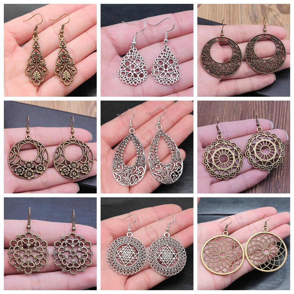 38 Styles Women Ethnic Style Jewelry Earrings Bohemia Carved Round Oval Waterdrop Flower Pattern Dangle Earrings Drop Earrings