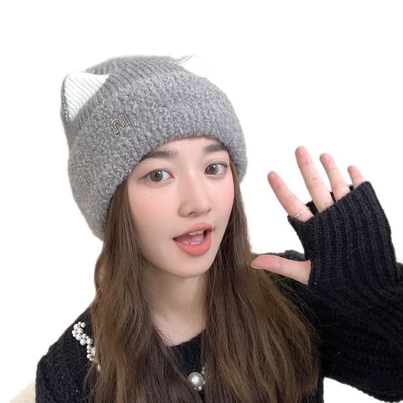 Autumn and Winter Hat for Women Sweet and Cute M-label Cat Ear Plush Hat  Versatile Cold Proof Pullover Hat  Outdoor Knit Hat