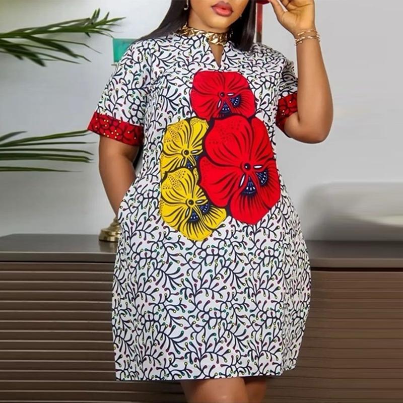 Damen Sommerkleid in Übergröße mit Rundhalsausschnitt und kurzen Ärmeln und Blumendruck