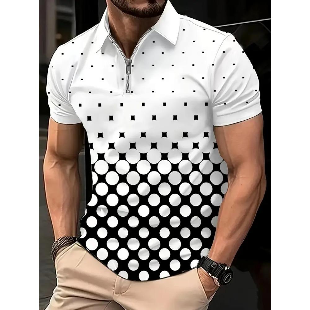 Men's Zipper Polo Shirt, Wave Triangle Shirt, 3D Printed, Retro, Short Sleeve, Loose, Comfortable, Street, Summer, New Style
