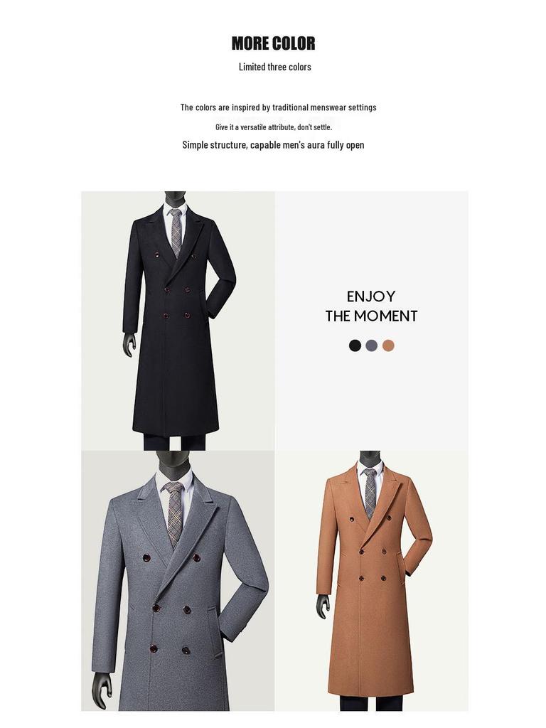 Men's Double-Breasted Wool Blend Over-the-Knee Coat