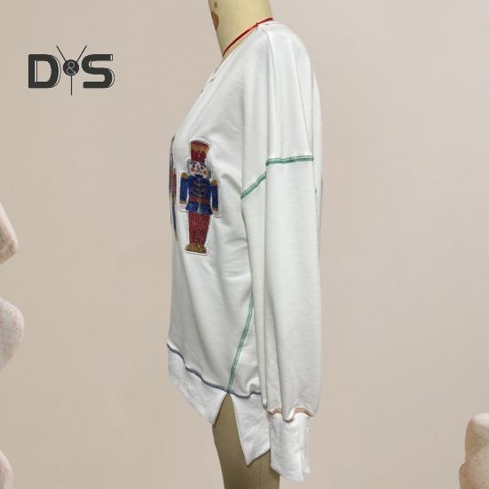 Women Sweatshirt Sequin Cartoon Pattern Slit Hem Round Neck Long Sleeves Christmas Style New Year Party Performance Top