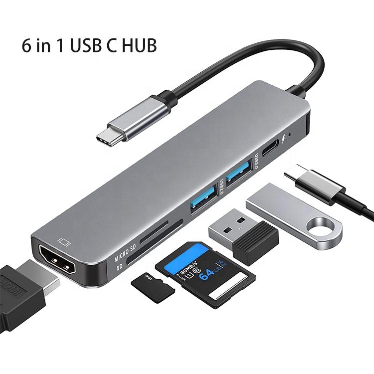 USB C Adapter 6 in 1 Hub with Usb,PD,HDTV USB C Adapter Multi Hub 6 Ports Type c 6 in 1 Hub