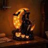 Handcrafted Resin Ornament Halloween Witch Lamp, Gothic Crescent Moon LED Night Light, Tabletop Statue Spooky Decorative Table Lamp for Bedroom