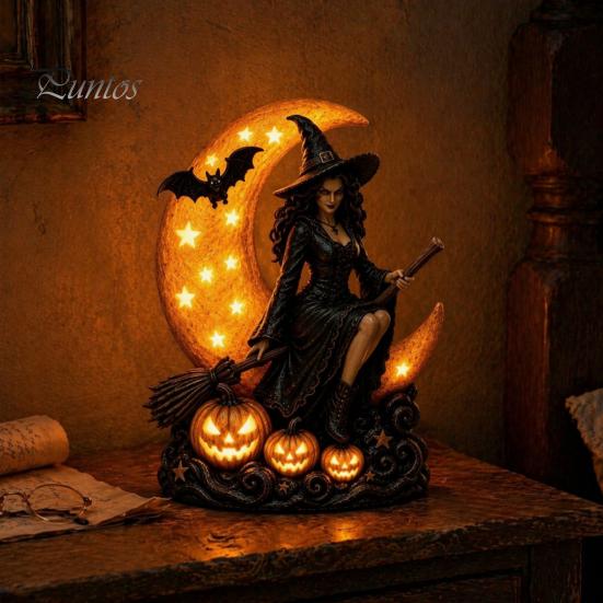 Handcrafted Resin Ornament Halloween Witch Lamp, Gothic Crescent Moon LED Night Light, Tabletop Statue Spooky Decorative Table Lamp for Bedroom