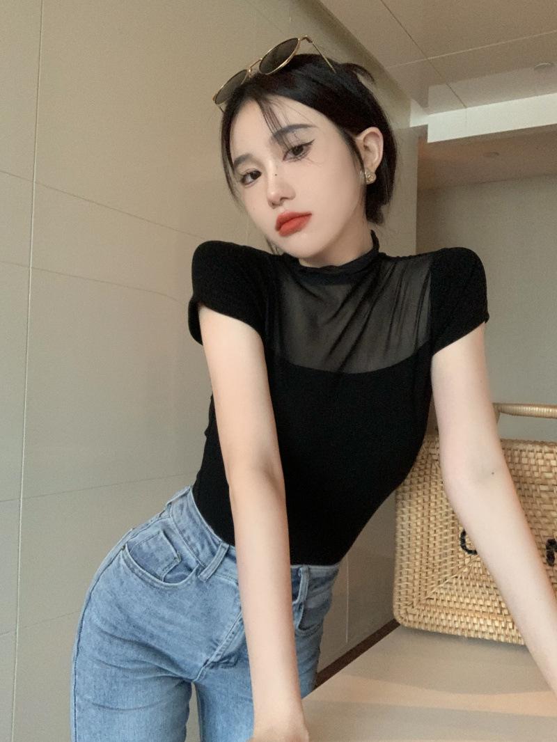 

Женская летняя черная сетчатая кружевная футболка Splice Slim: Модный топ с коротким рукавом Large чёрный