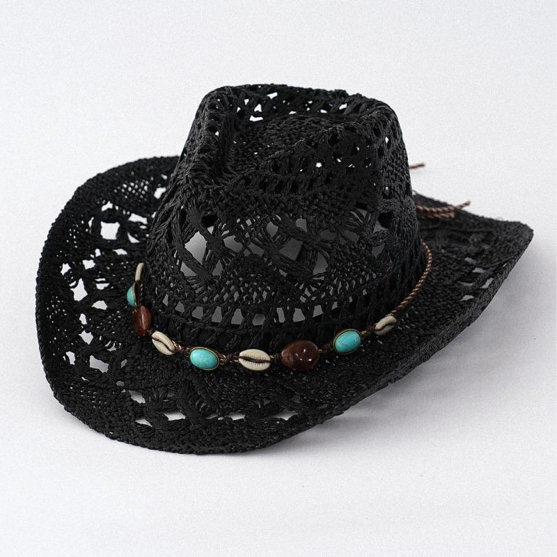 Unisex Hollow Out Woven Straw Cowboy Hat With Turquoise Shell Bead Band