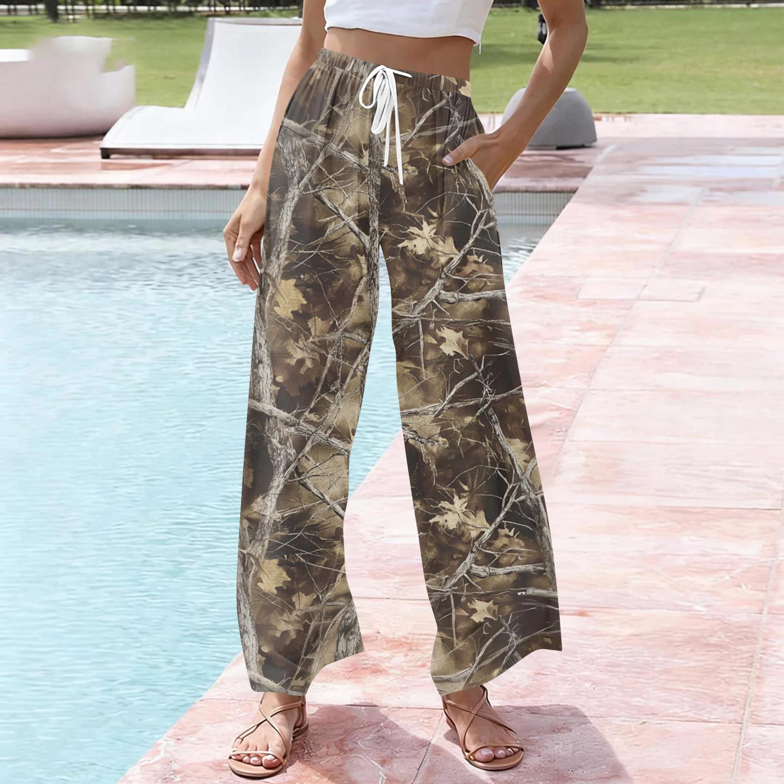 Women s Casual Printed Wide Leg Drawstring Pocket Beach Casual Pants L