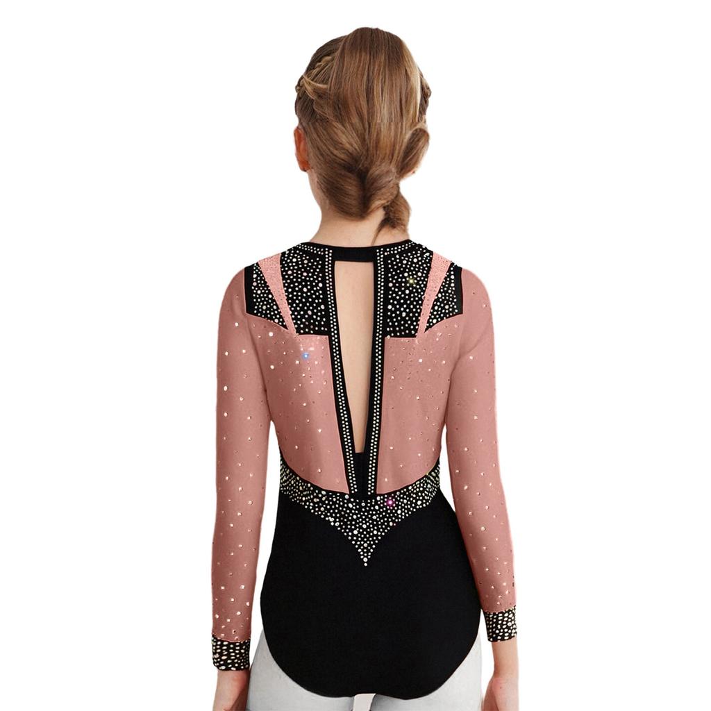 Girls Gymnastics Leotard Long Sleeve Keyhole Back Shiny Rhinestones Figure Skating Dancewear