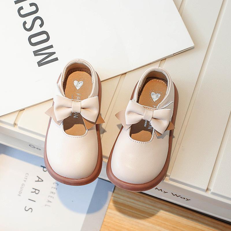 2024 Girls Leather Shoes Black Round-toe Black Uniform School Shoes Bow Non-slip Flats Children Fashion Casual Shoes Kids Shoes