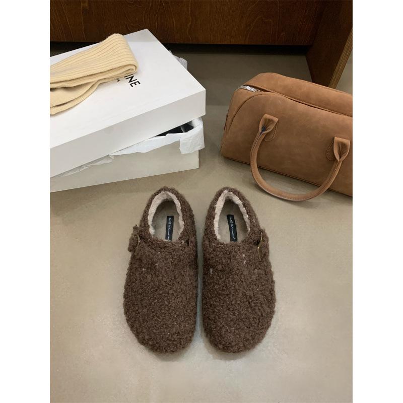 

2025 осень и зима новая мода универсальные на плоской подошве французские ретро пушистые туфли женская обувь хлопковая обувь 40 темный кофе