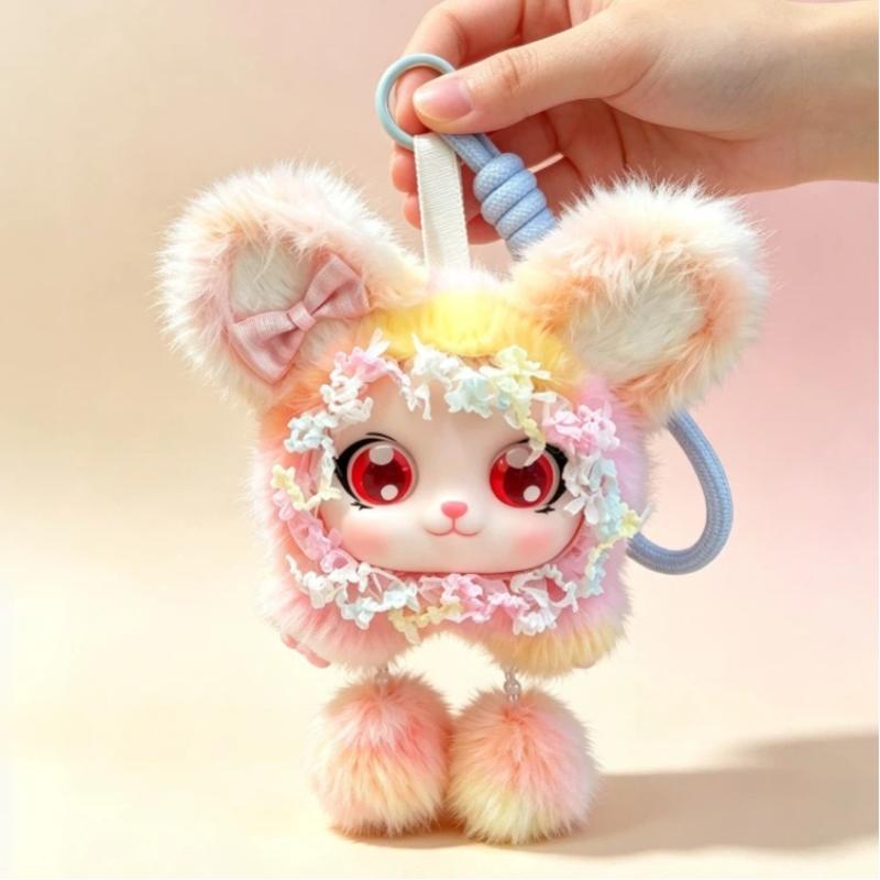 Cute Fluffy Fox Keychain Kawaii Vinyl Doll Face Plush Bag Charm Pendant for Children School Bag Ornament Gift