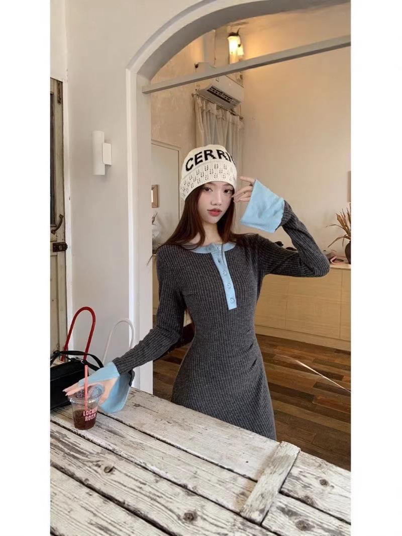 

Women s Long Sleeve Korean-Style Dress with Half-Open Collar and Contrasting Colors - Autumn/Winter Collection. S темно-серого