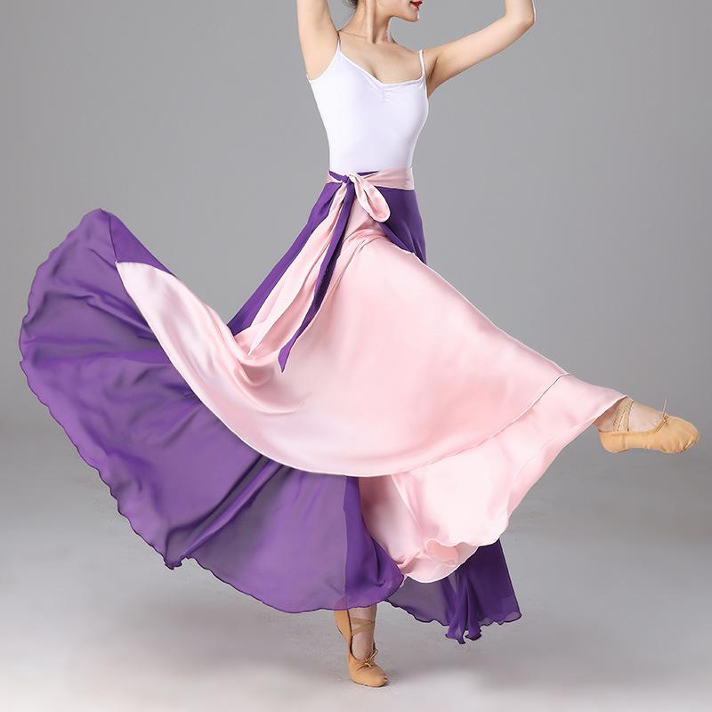 Two-Tone Satin Chiffon Lace-up Dance Midi Skirt for Women