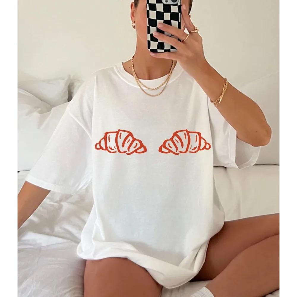 Croissant Pattern Fun T-shirt Women's Round Neck Short Sleeve Summer Leisure Creative Design T-