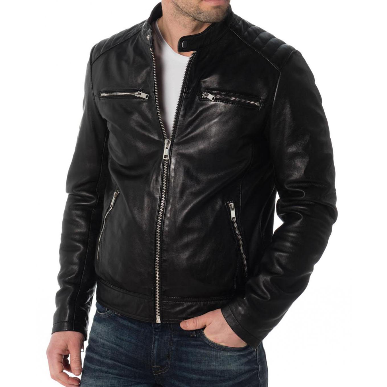 

SkinOutfit Men s Genuine Lambskin Black Leather Jacket Stylish Motorcycle Bomber Biker Outerwear MJ 245 XL