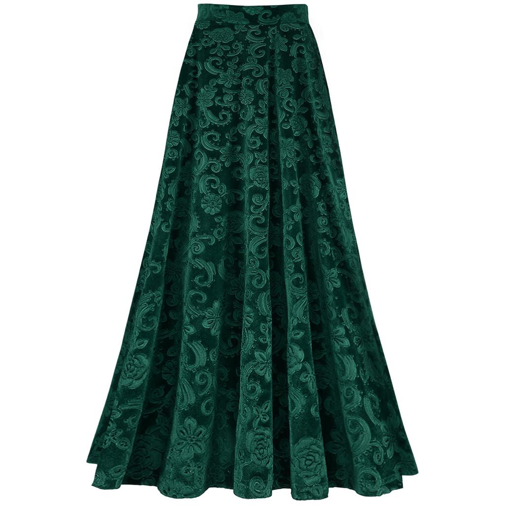Women Retro Floral Print Skirt Elastic Waistband Solid Color Vintage Style for Wedding Party Banquet
