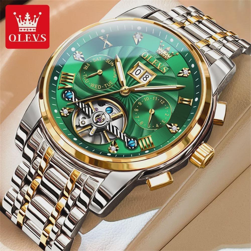 OLEVS Luxury Gold Tourbillon Mechanical Watch for Men Stainless Steel Waterproof Luminous Date Business Mens Watches