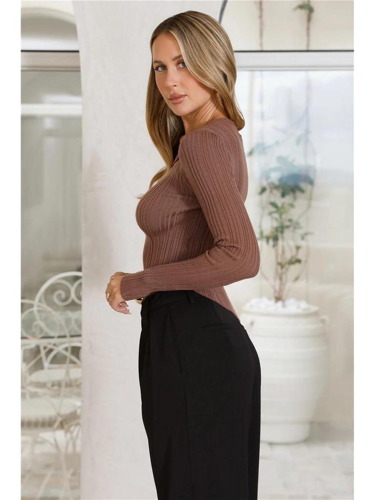 European Women's New Fashion Ribbed Slit T-shirt: Solid Color Autumn Winter Slim Casual Top