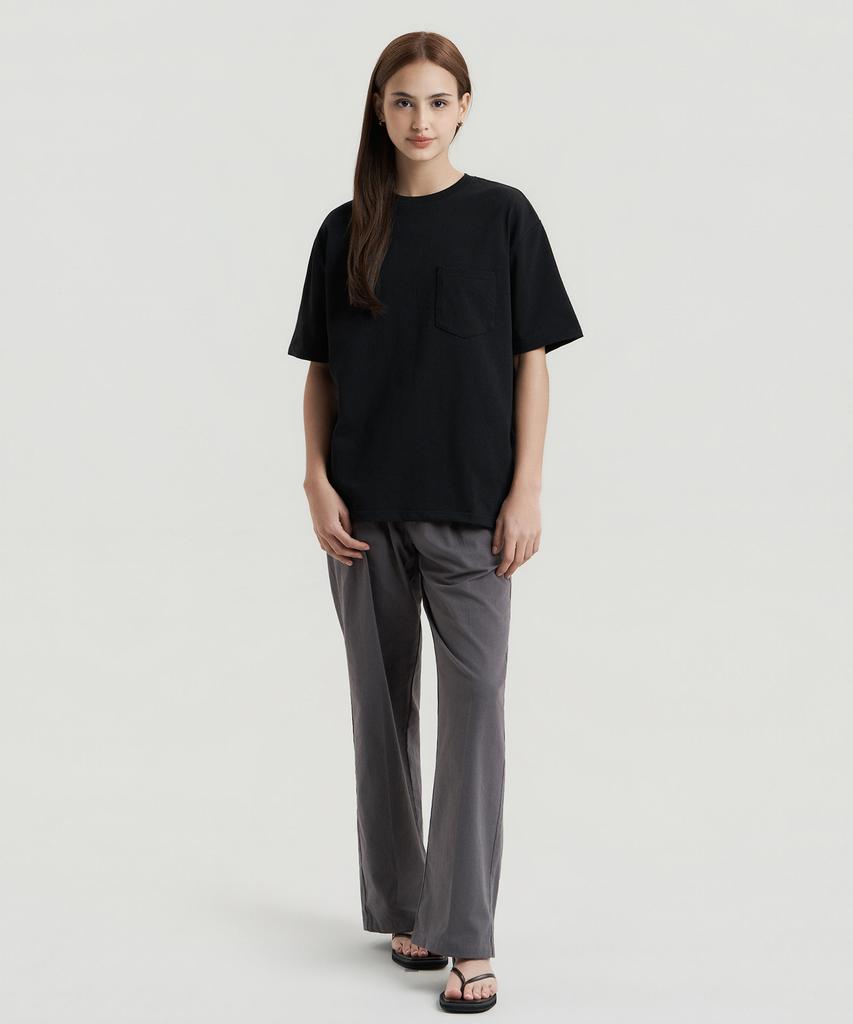 Delma W Linen Touch Semi-Wide Elastic Waist Pants - Charcoal