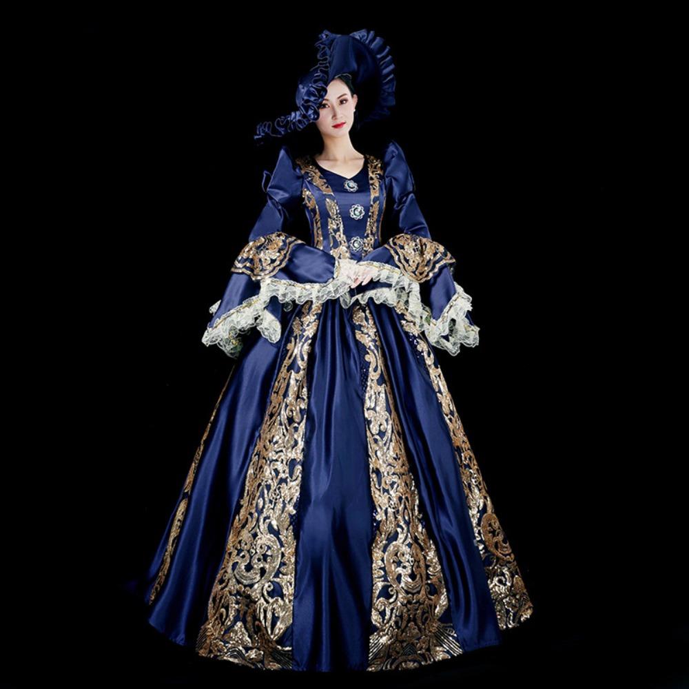 Vintage European Court Gown Women Embroidery Lace Flare Sleeve Victorian Dress with Hat for Party Cosplay