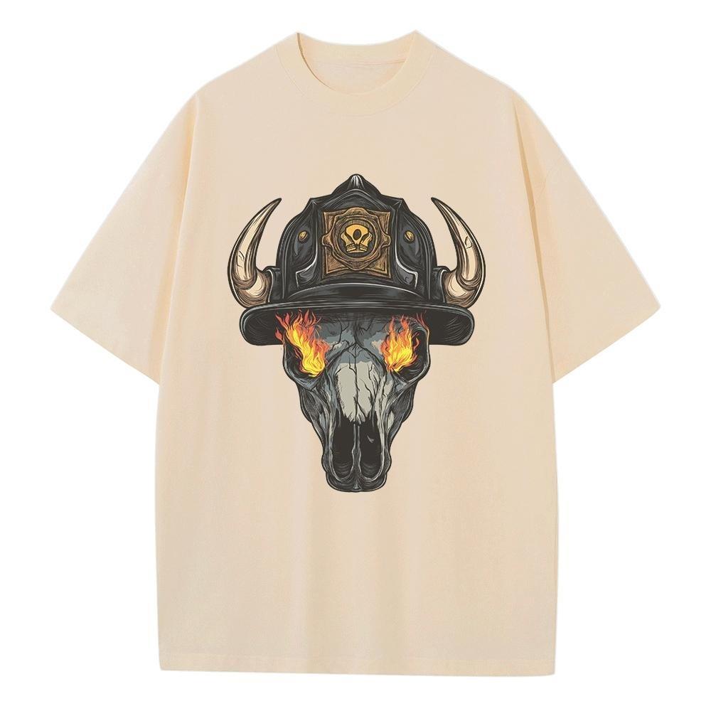Spring and Summer Loose T-shirt Pure Cotton Unisex Top Bull Skull Fire Helmet Graphic T-shirt Breathable Print Men's Top