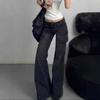 Women's Retro Low-Waist Flared Cargo Jeans - Wide Leg, Floor-Length, Autumn Style