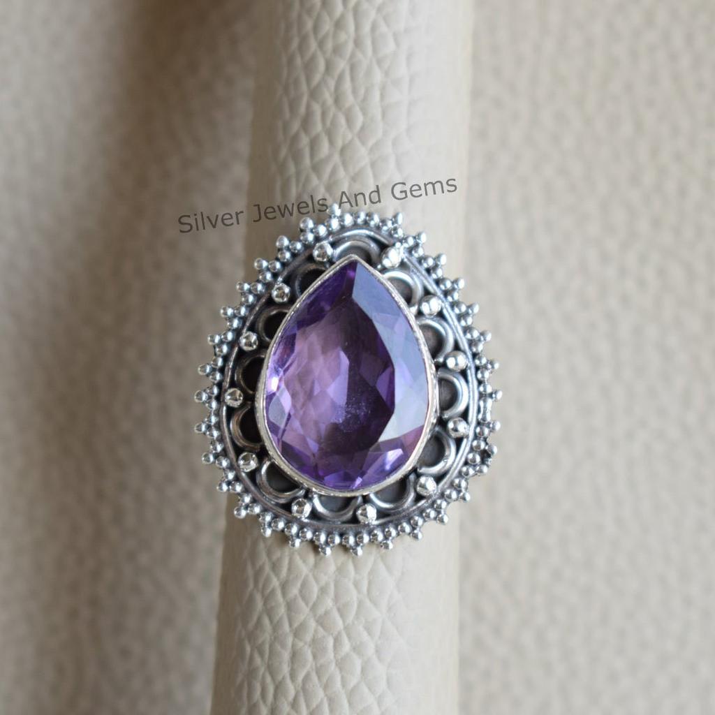 925 Sterling Silver Ring, Amethyst Ring, February Birthstone Ring, Handmade Ring, Teardrop Amethyst Designer Ring, Boho Ring. Gift For Her