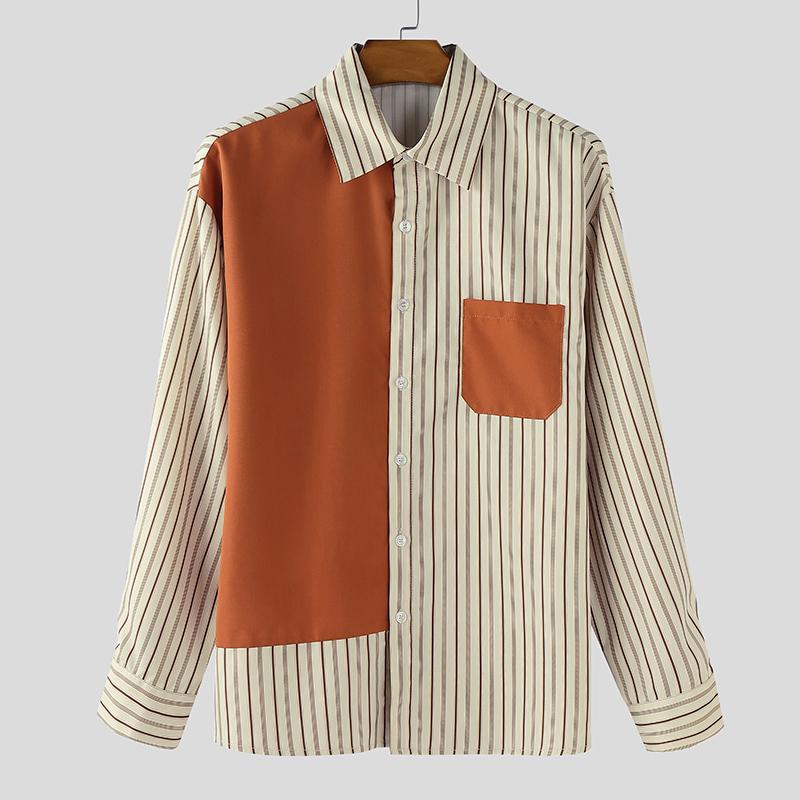 

INCERUN Men Casual Long Sleeve Patchwork Buttons Up Striped Shirts Tops S коричневый