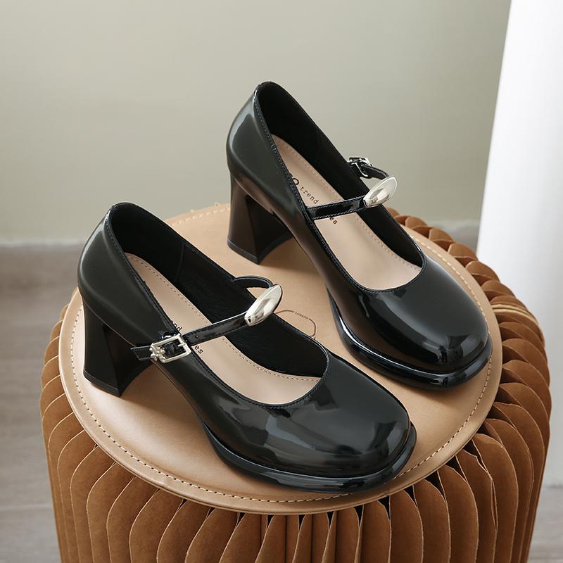 Genuine Leather Mary Jane High Heel Shoes Women's Chunky Heel Slip-On Elegant Mouth Mini Leather Shoes round Toe Rubber Sole