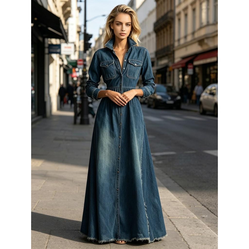Spring New Retro Waist Slimming Long Sleeve Denim Swing Dress, Elegant Casual Party Denim Dress for Women