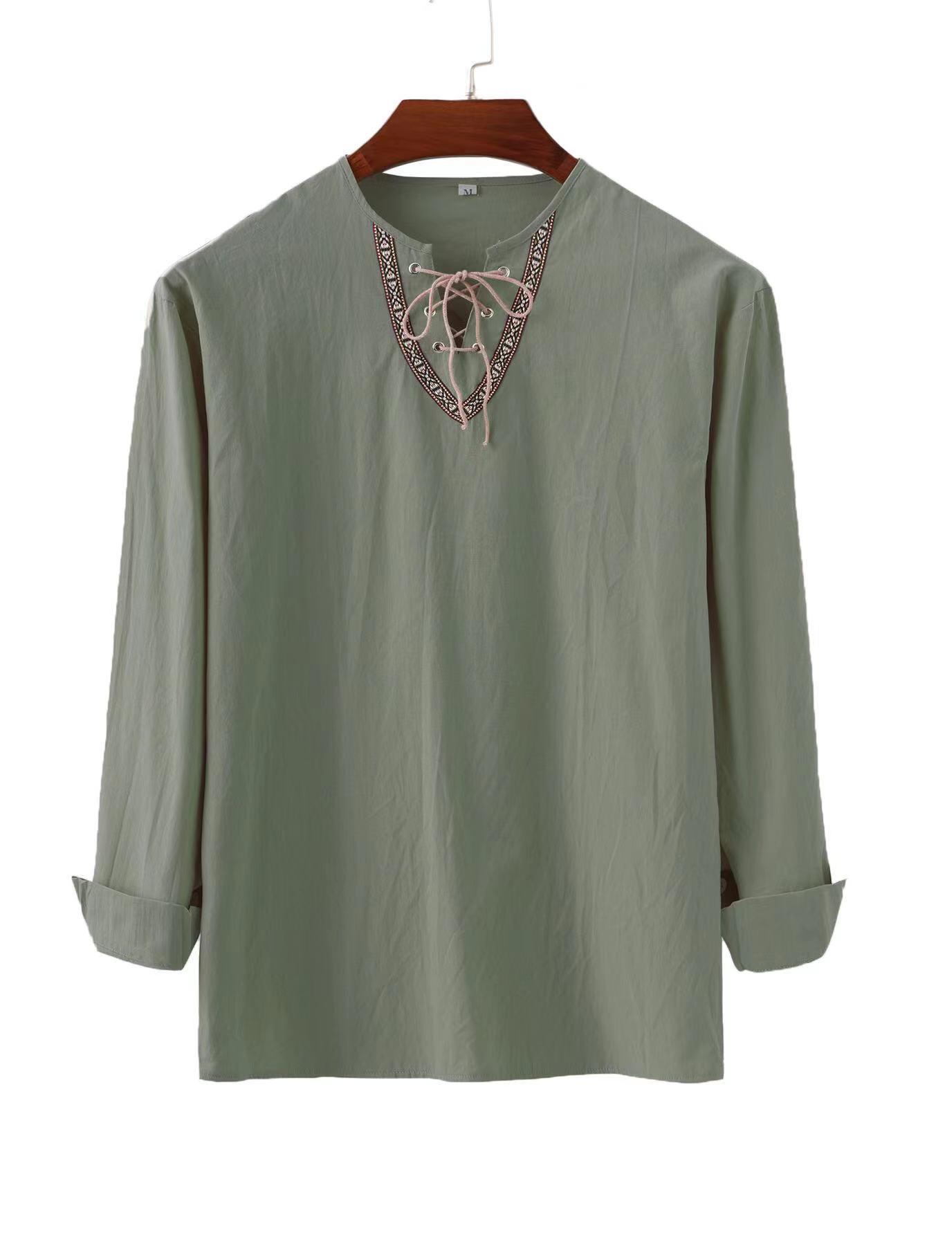 

Men s European and American Style Loose Solid Color Long Sleeve Drawstring Shirt, Cotton Linen, Stand-up Collar. XXXL армія зелений колір
