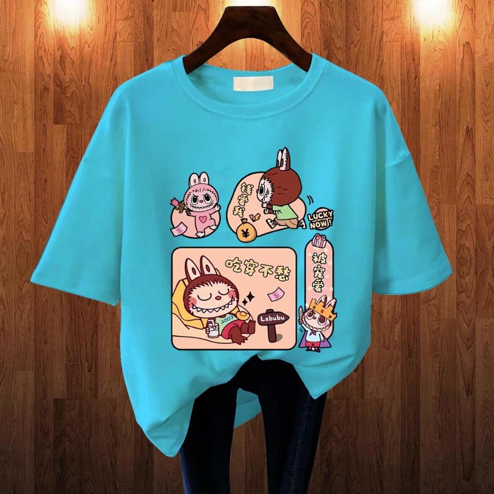 2025 Popular Children's Clothing Short Sleeved LABUBU Rest Holiday Pattern Round Neck T-shirt Cartoon Style Girl's Top