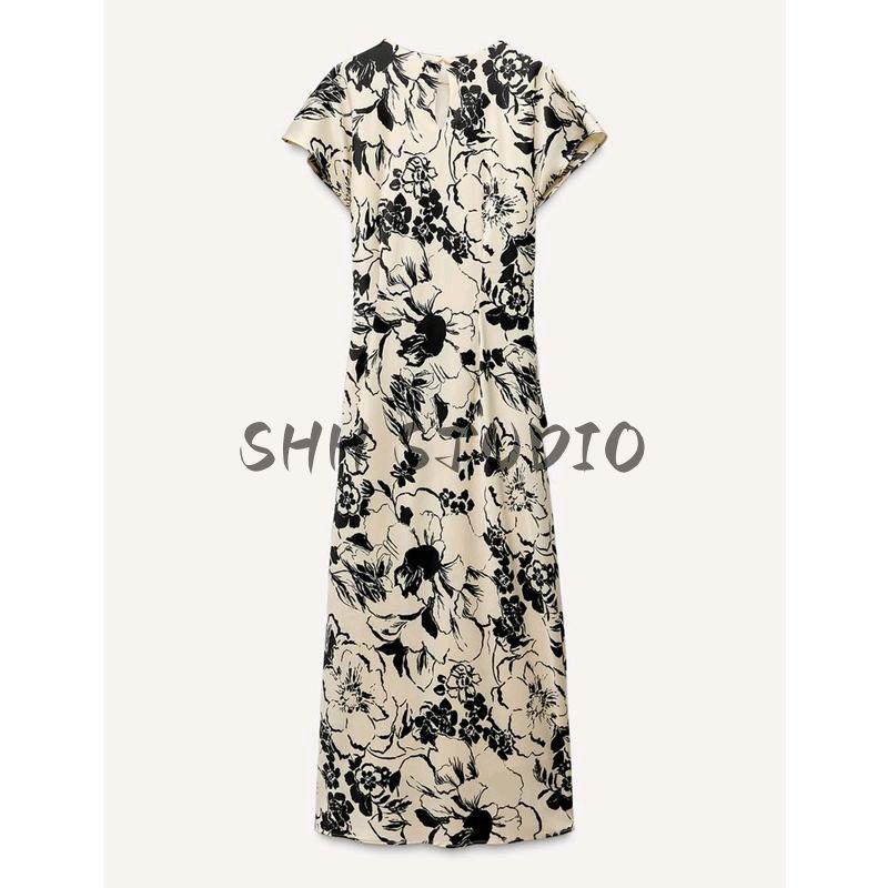 Spring New Women's Clothing Old Money Style Silk Satin Texture Print Short Sleeve Round Neck Midi Skirt Dress 2328651