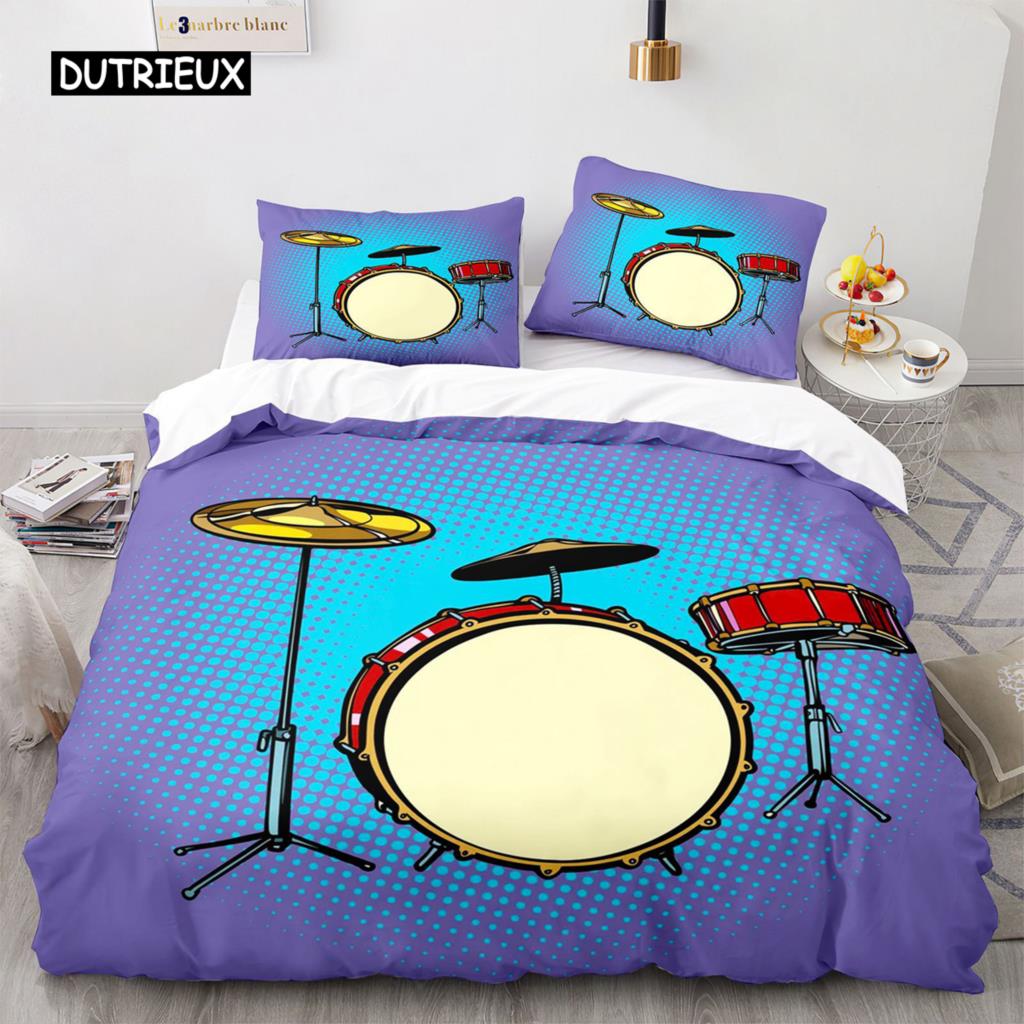 Drum Kit Duvet Cover Set Classical Music Comforter Cover Musical Instrument Lightning Pattern Quilt Cover for Kids Boys Teens