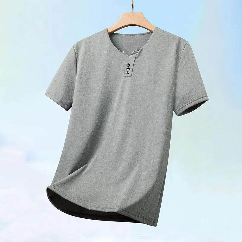 Men's Business Casual Three Button V-neck Short Sleeved T-shirt Korean Style Summer Comfortable Versatile Top