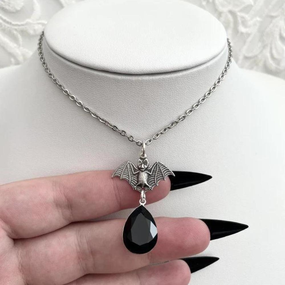Goth Hip Hop Sliver Color Vampire Bat Red Blood Drop Pendant Stainless Steel Necklace for Women Halloween Demon Slayer Jewelry