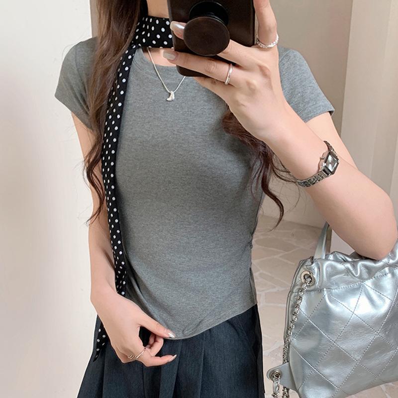 

Skinny Round Neck Short-sleeved Women s Summer New Slim Fit with Front Shoulder T-shirt Small Top L білий