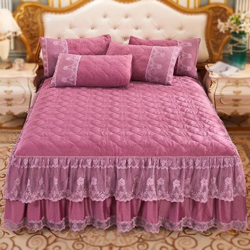 Luxusní tlusté plyšové prošívané přehozy jednobarevné Queen King Size Princess křišťálově sametová krajková sukně postele není součástí povlaku na polštář