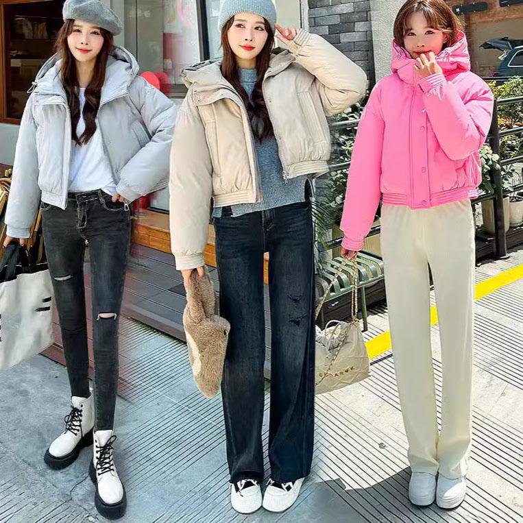 Women's Autumn and Winter Solid Color Padded Thickened Short Standing Collar Zipper Hooded Warm High Waisted Loose Bread Clothes Outerwear
