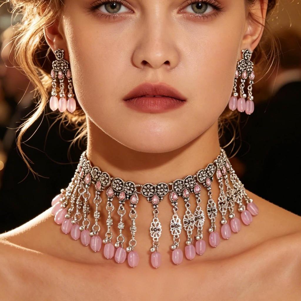 European & American Ethnic Style Rhinestone Tassel Necklace & Earring Set