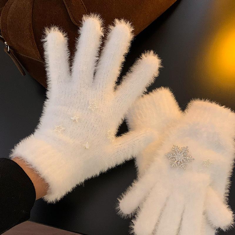 White Snowflake Knitted Wool Gloves for Women In Winter Warmth and Thick Hairy Students Riding Bicycles To Prevent Cold and Wind Break Fingers