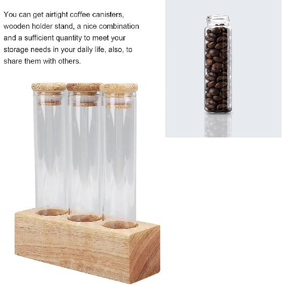 Asixxsix Coffee Bean Jars Canisters, Glass Tubes Single Dose Coffee Bean Storage with Wooden Display Stand & Airtight Lids, Coffee Bean Cellar