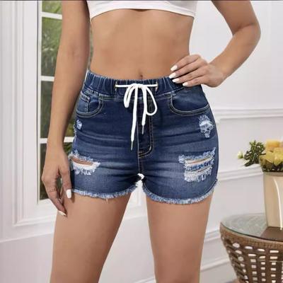 New Women's Denim Shorts Elastic Waist Stretch Jeans Ripped Slim Fit Fringe Denim Hot Pants