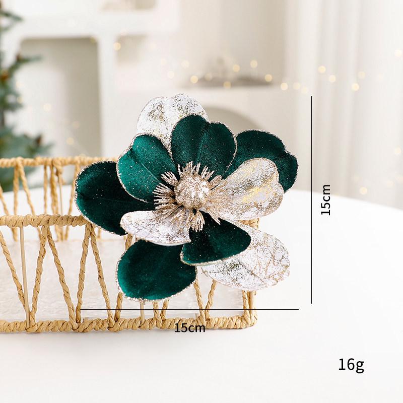 Christmas Tree Decoration: Red, Gold, Green Magnolia Fabric Flowers with Inserted Branches.