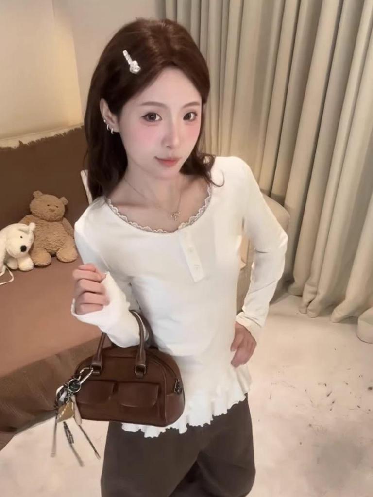 260g Cotton Modal Korean Lace Trim Slimming Round Neck Outerwear Top