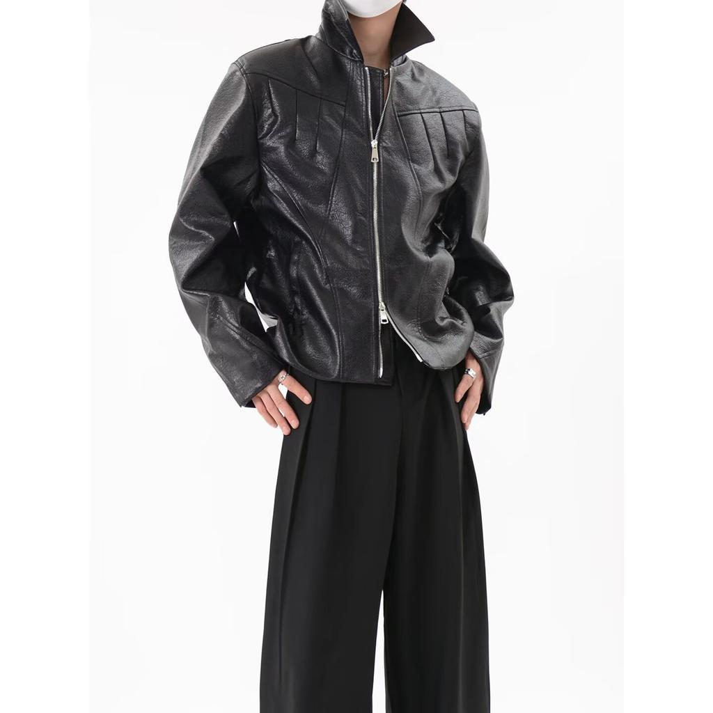 Niche design spring and autumn new ruffian handsome locomotive leather jacket cleanfit retro premium pleated jacket jacket
