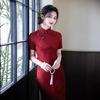 burgundy bamboo leaf jacquard cheongsam short-sleeved long retro Republic of China style slim and thin high-end temperament daily wear