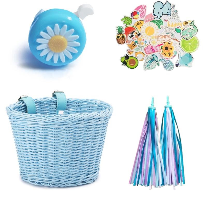 Kids Bike for Banner Set, Bicycle Handlebar Wicker Basket with Colors and Bike Bells and Decals, Boys Girls Bike Decorat
