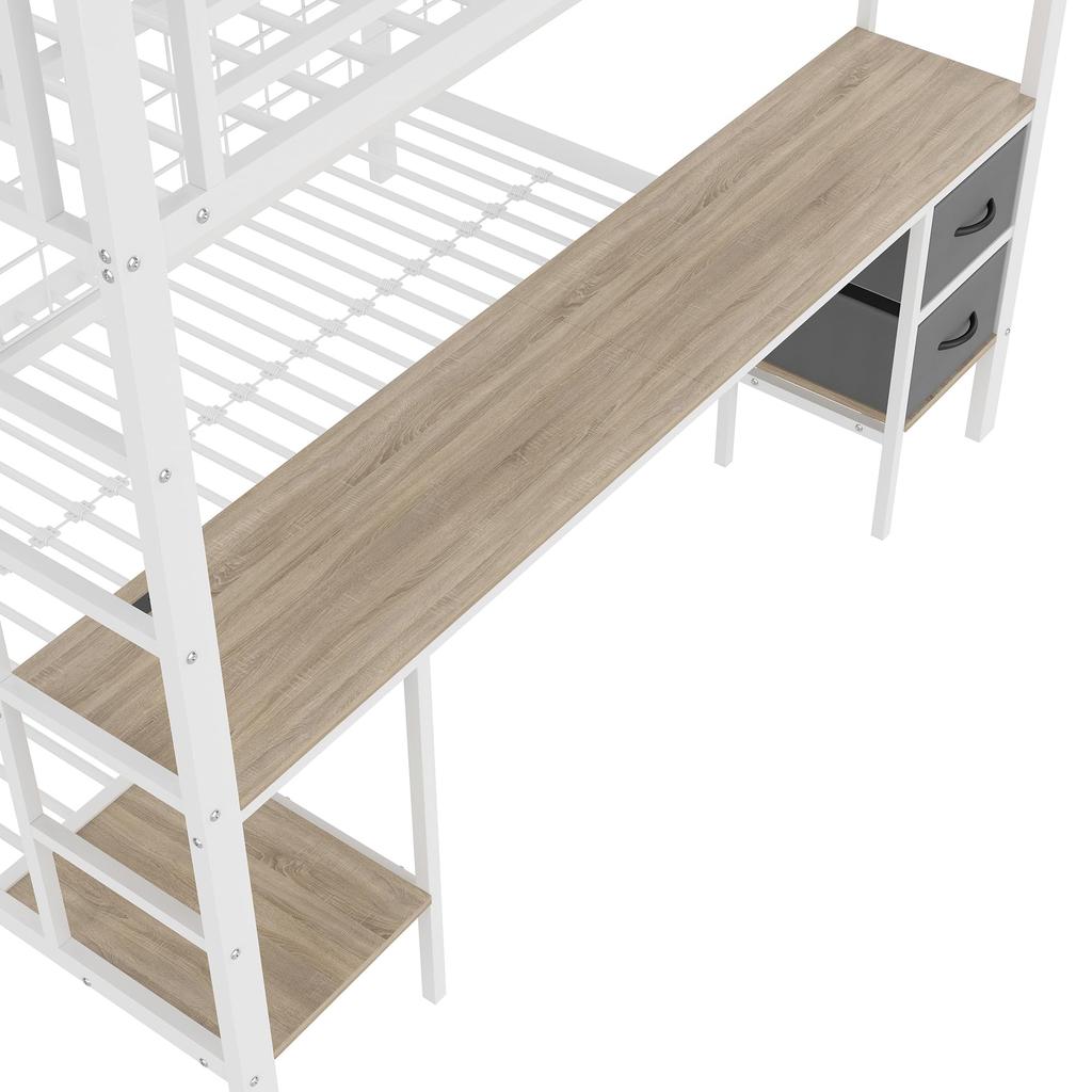 Bunk Bed 90x200 & 140x200 Cm LED Lighting USB Ports Drawers Shelves Hanging Shelves Metal Frame White (without Mattress)